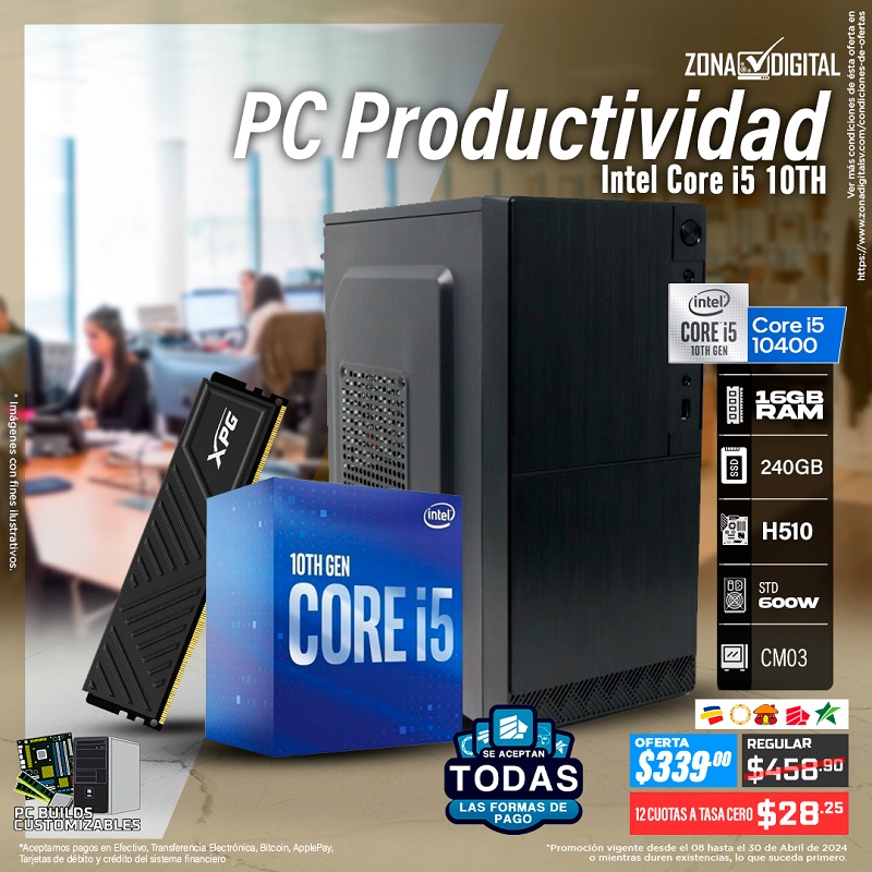 COMBO DE PC MULTITAREAS INTEL CORE i5 10400  H510 RAM 16GB SSD 240GB