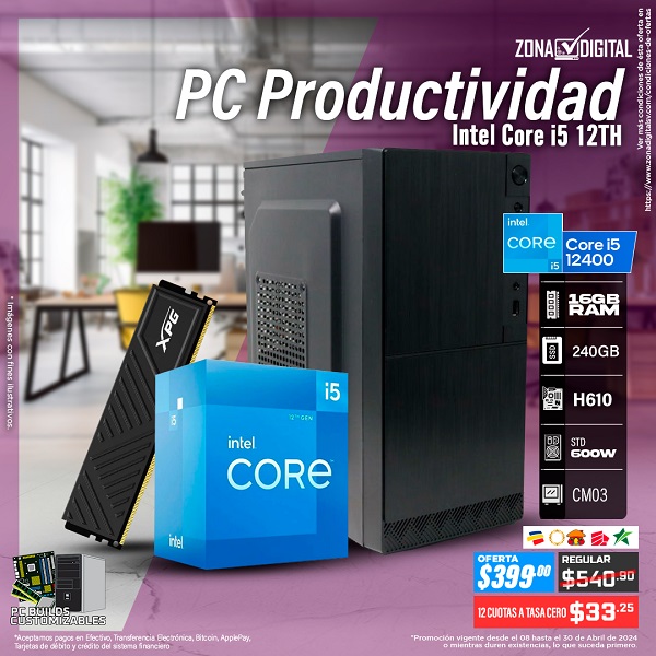 COMBO DE PC MULTITAREAS INTEL CORE i5 12400  H610 RAM 16GB SSD 240GB